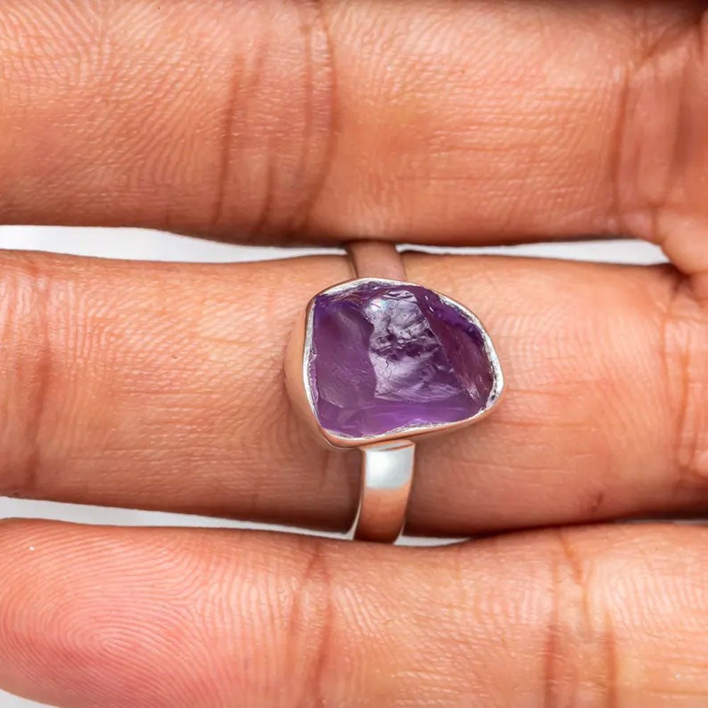Sterling Silver Ring with Raw Purple Amethyst Crystal