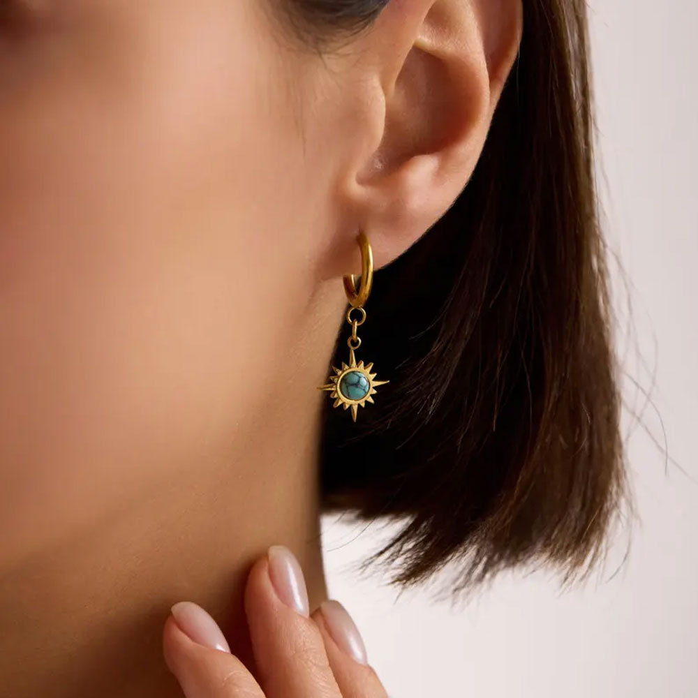 Turquoise Sun Charm Hoop Earrings | Celestial Gold Jewelry