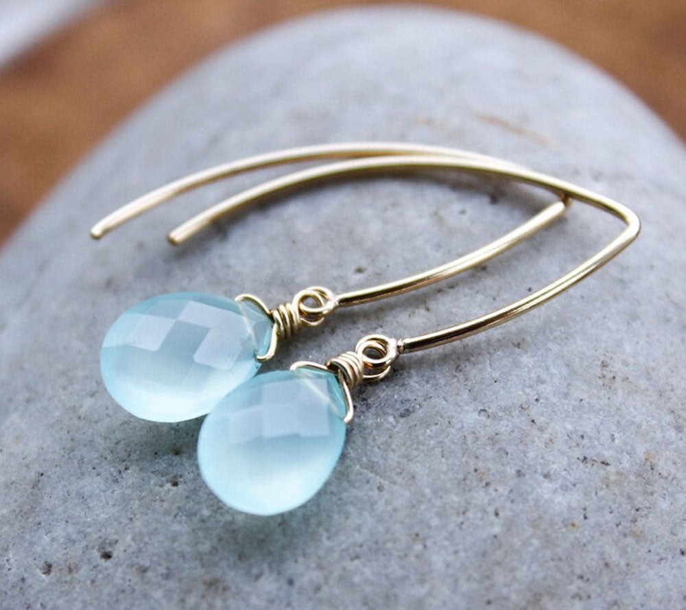 Blue Chalcedony Wire Wrapped Gold Plated Drop Earrings | Handmade