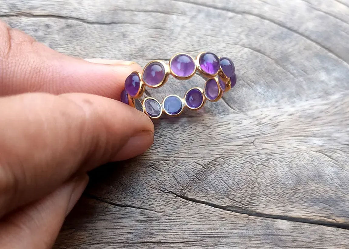 Trendy 925 Sterling Silver Gold Plated Gems Rings 3MM Handmade Amethyst Stone Round Shape Bezel Set Ring For Her Jewelry