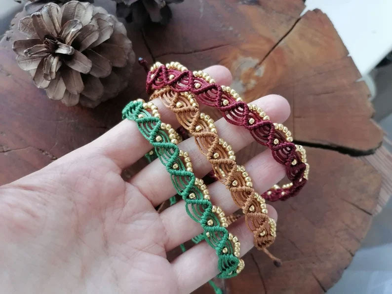 Macrame Anklet with Brass Beads | Boho Foot Jewelry