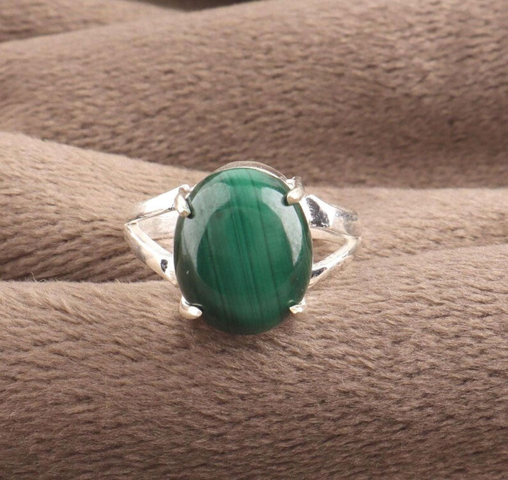 Handmade Malachite Gemstone Ring | 8X10MM Oval Prong Set