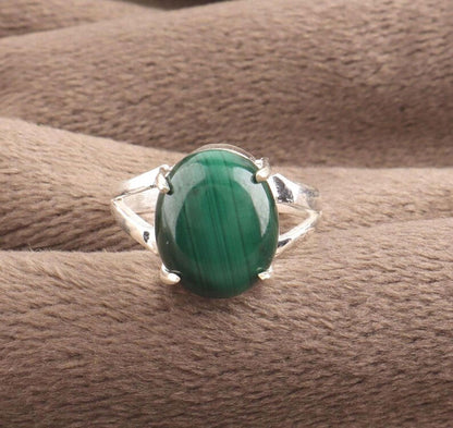 Handmade Malachite Gemstone Ring | 8X10MM Oval Prong Set