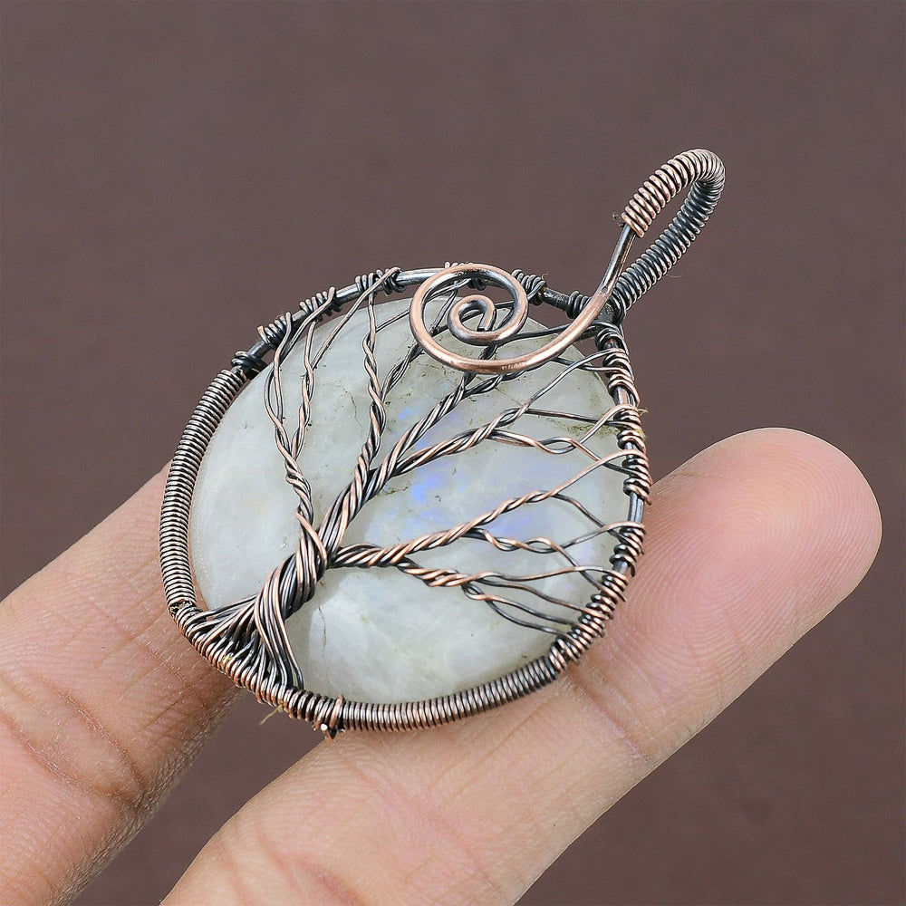 Handmade Copper Bezel With Wire Wrapped Tree Pendant Round Shape 25To30MM Rainbow Moonstone Gemstone Pendant For Happy Birthday Gift's