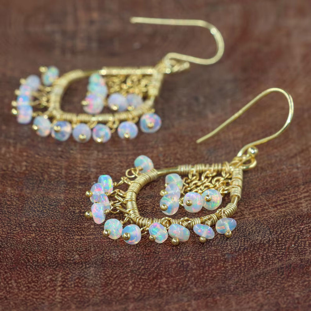 Handmade Metal Wire Wrapped Dangle Pair Earrings Ethiopian Opal Gemstone Stone Size 3To5MM Round Shape Wire Wrapped Setting Earring Foe Women's Gift Jewelry