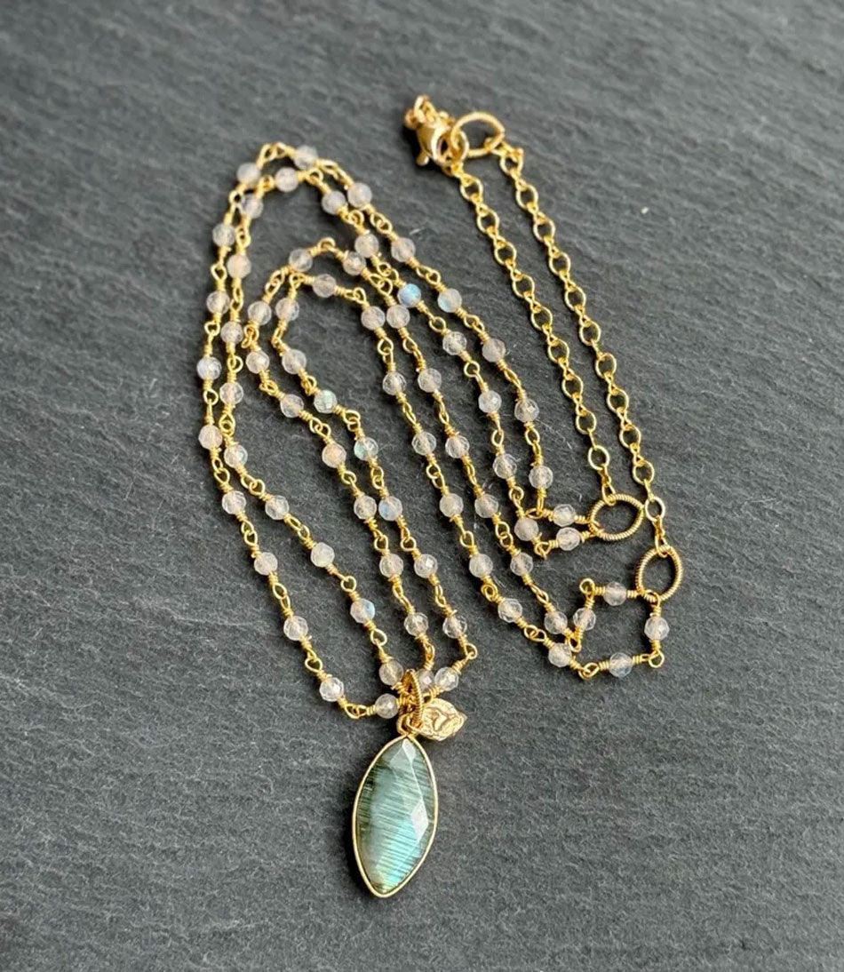 Handmade Wire Wrapped Brass Necklace Stone Size 8To16MM Pear Shape Labradorite Stone Bezel Set Necklace For Happy Birthday Gift For Women