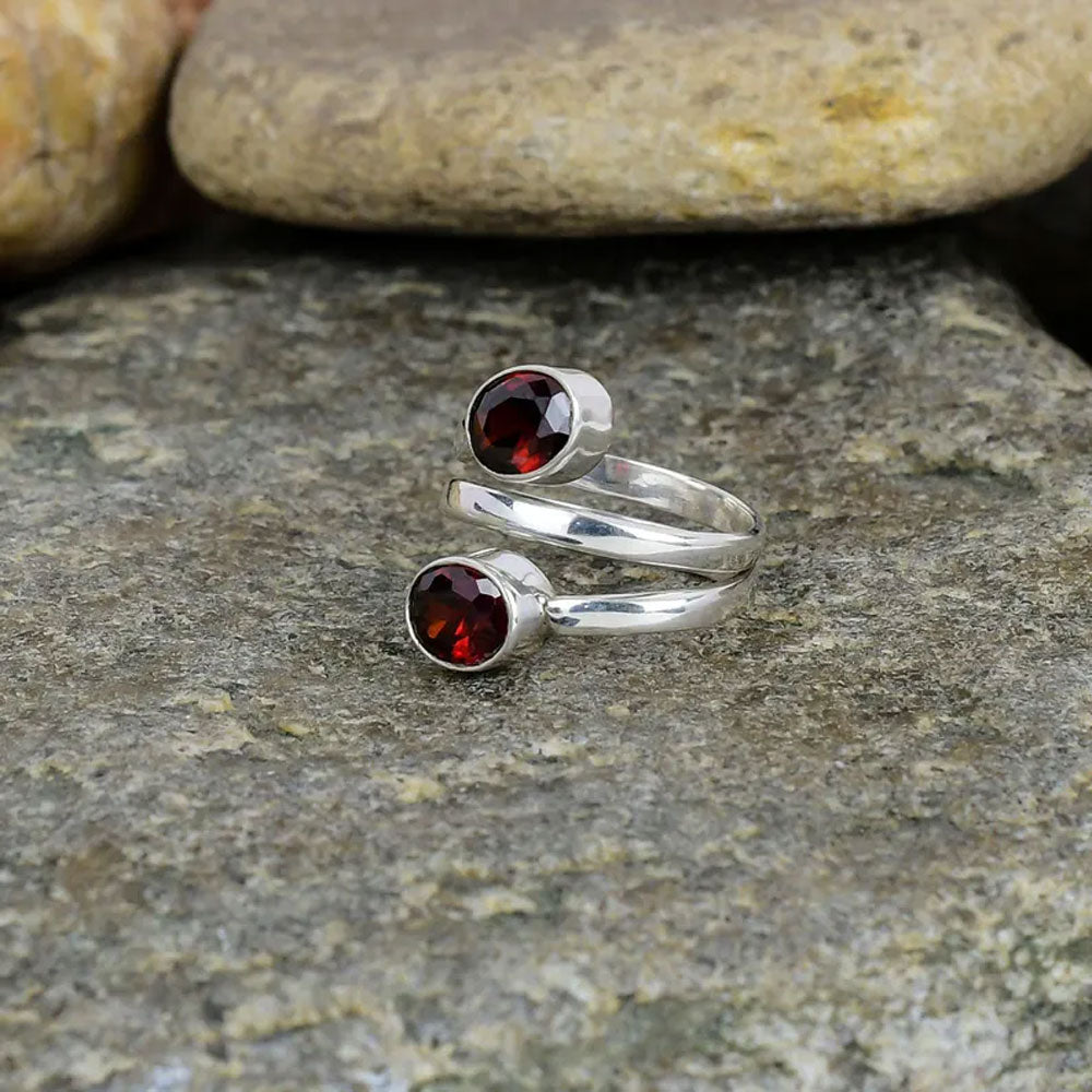 Silver Triple-Wrap Bypass Ring with Dual Garnet