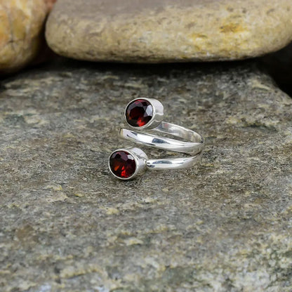 Silver Triple-Wrap Bypass Ring with Dual Garnet