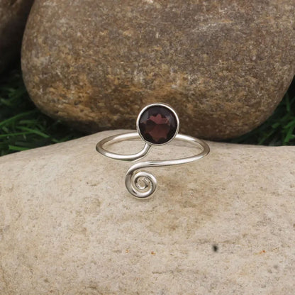 925 Silver Garnet Spiral Bypass Ring | Boho Jewelry