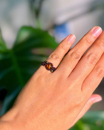 Minimalist Tiger's Eye Macrame Ring | Hari Om Creations