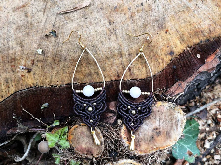 Rose Quartz Macrame Tear-Drop Earrings | Hari Om Creations