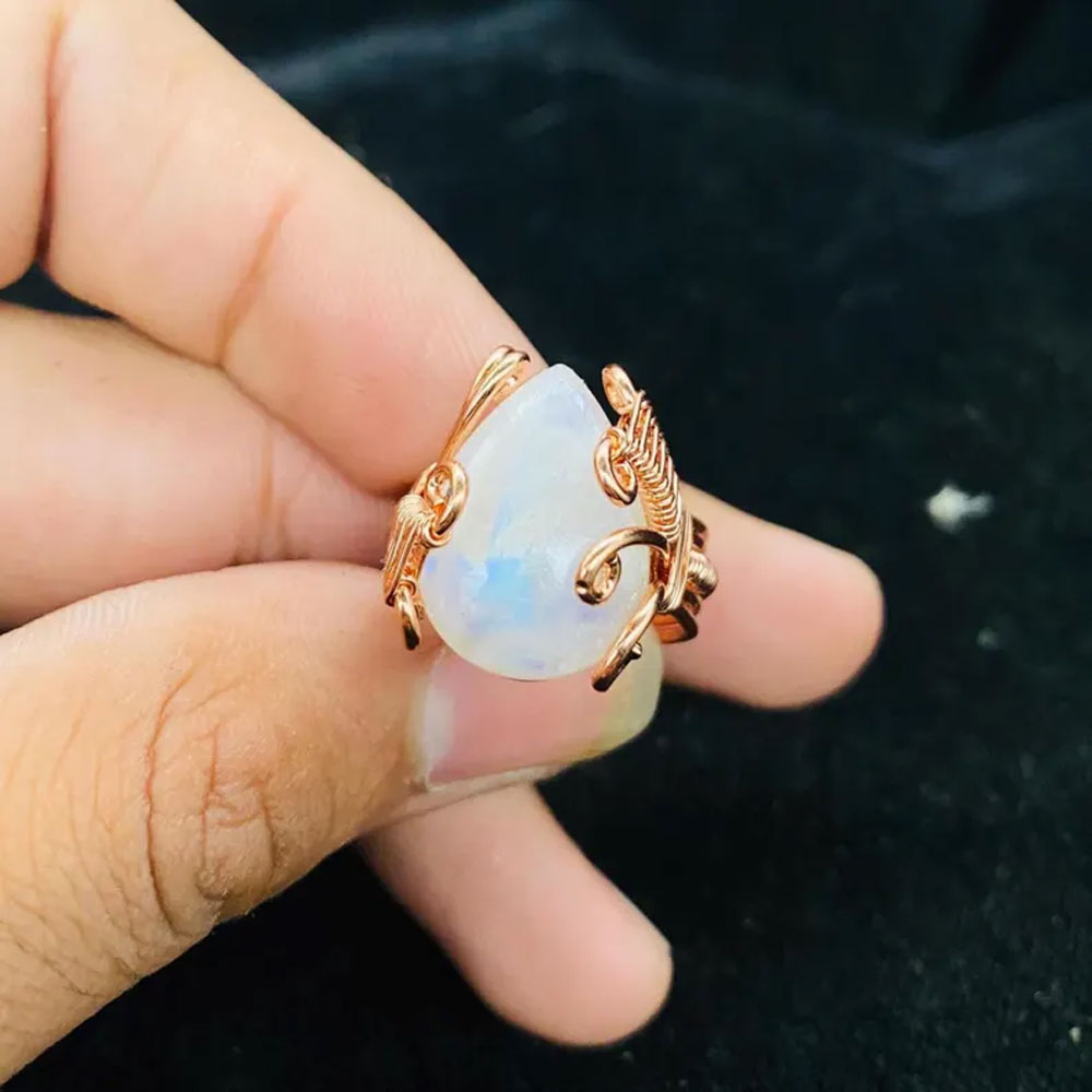 Adjustable Handmade Wire Wrapped Brass Ring Size 10To15 Oval Shape Opalite Quartz Stone Bezel Set Ring For Happy Birthday Gift For Women