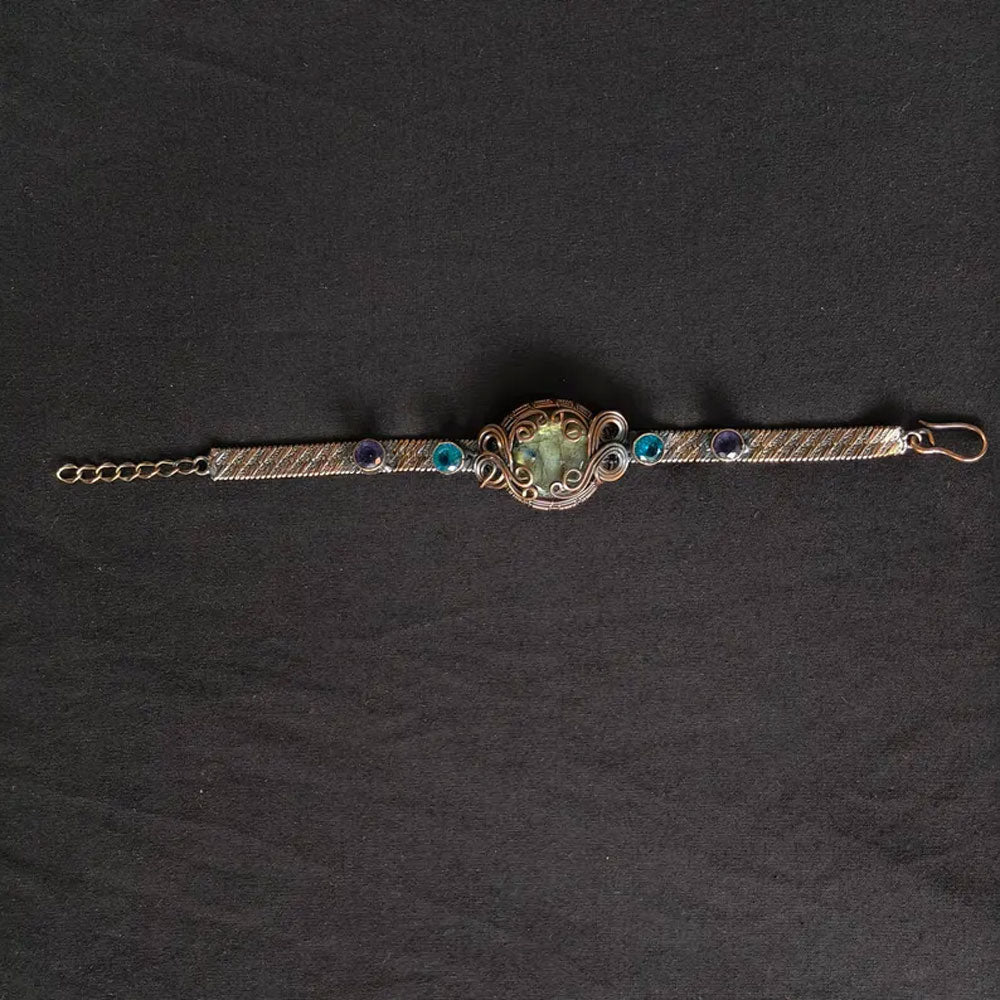 Adjustable Handmade Wire Wrapped Brass Bracelet Size 15MM Round Shape Labradorite Amethyst Stone Bezel Set Ring For Happy Birthday Gift For Women