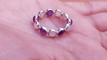 Trendy 925 Sterling Silver Gold Plated Gems Rings 3MM Handmade Amethyst or Rainbow Moonstone n Stone Round Shape Bezel Set Ring For Her Jewelry