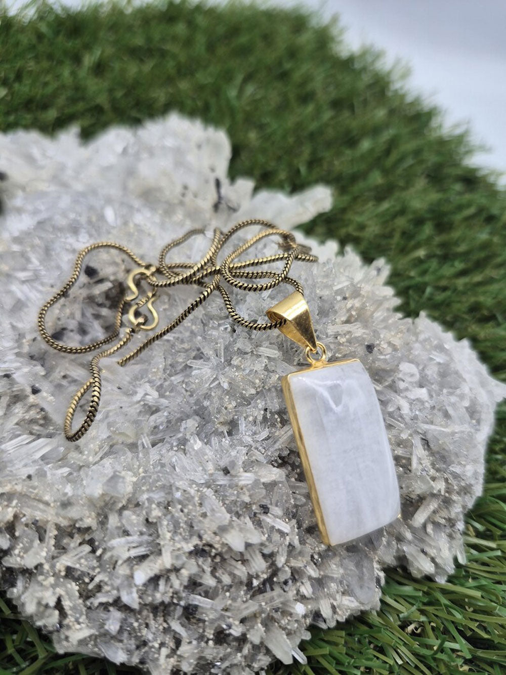 Rectangular Selenite Pendant on Gold Snake Chain | Modern
