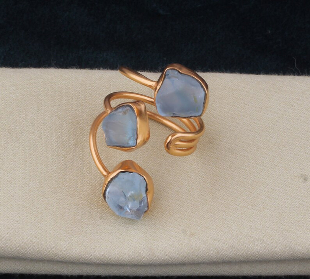 925 Sterling Silver Gold Plated Gemstone Rings 8X12MM Handmade Aquamarine Stone Raw Shape Bezel Set Ring For Her Jewelry