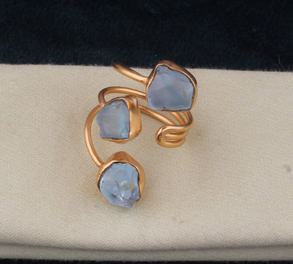 925 Sterling Silver Gold Plated Gemstone Rings 8X12MM Handmade Aquamarine Stone Raw Shape Bezel Set Ring For Her Jewelry
