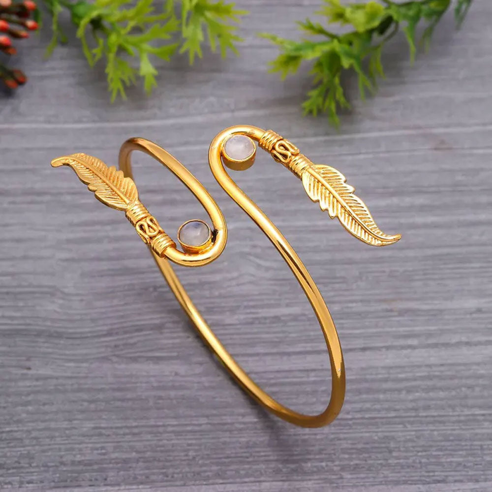 Boho Gold Feather Bypass Bangle with Moonstone Accents