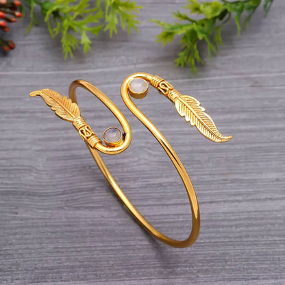 Boho Gold Feather Bypass Bangle with Moonstone Accents