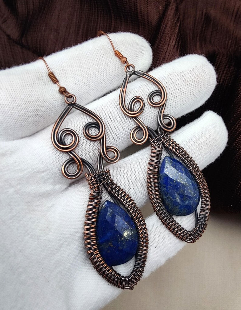 Handmade Metal Wire Wrapped Dangle Pair Earrings Lapis Lazuli Gemstone Stone Size 15MM Pear Shape Wire Wrapped Setting Earring Foe Women's Gift Jewelry