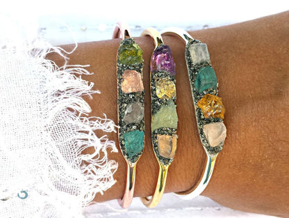 Adjustable Handmade Wire Wrapped Brass Bangle Size 10To15MM Raw Shape Multi Hydro Quartz Gemstone Bezel Set Bangle For Happy Birthday Gift For Women