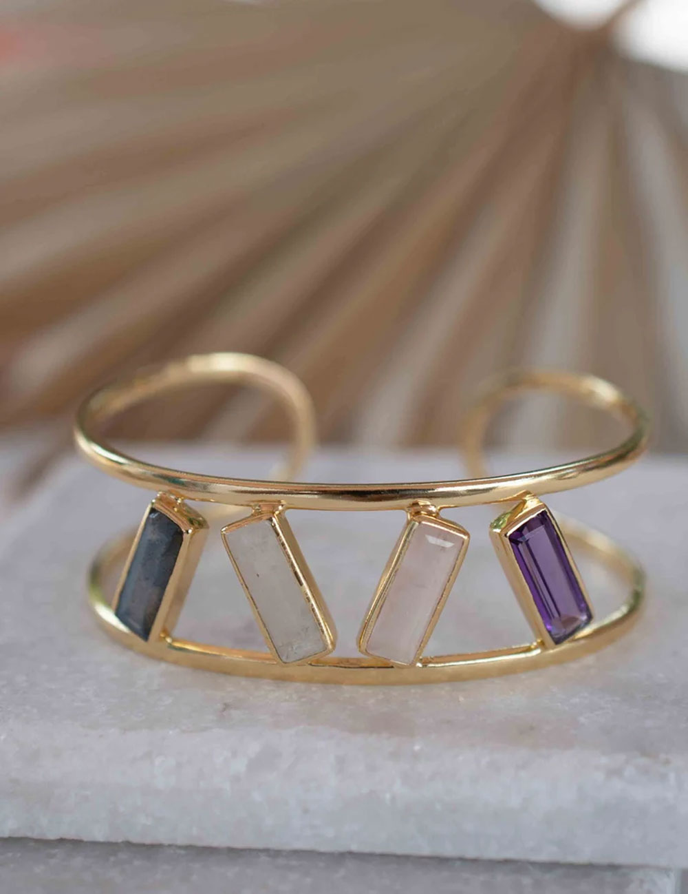 Adjustable Handmade Wire Wrapped Brass Bangle Size 12MM Rectangle Shape Labradorite Amethyst Moonstone Gemstone Bezel Set Bangle For Happy Birthday Gift For Women