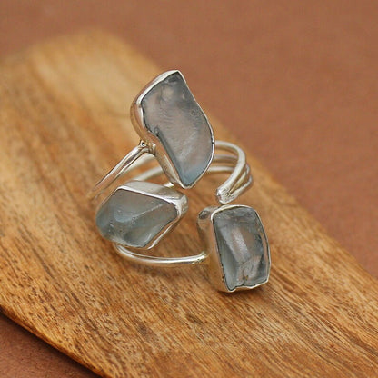 925 Sterling Silver Gold Plated Gemstone Rings Three Stone Ring 8X12MM Handmade Aquamarine Stone Raw Shape Bezel Set Ring For Her Jewelry