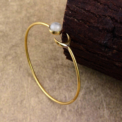 Gold Moon & Star Bangle - Moonstone Celestial Bracelet