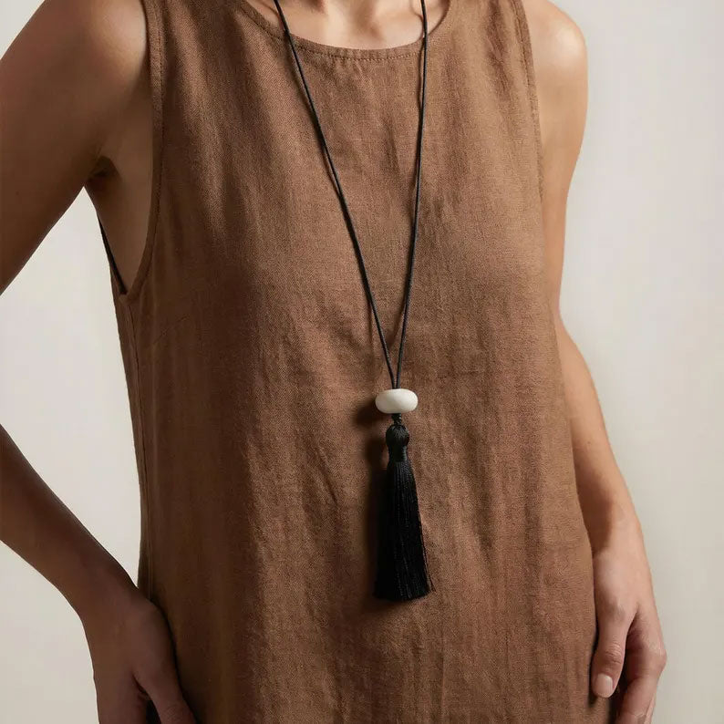 Black Tassel Necklace with White Bead | Handmade Jewelry