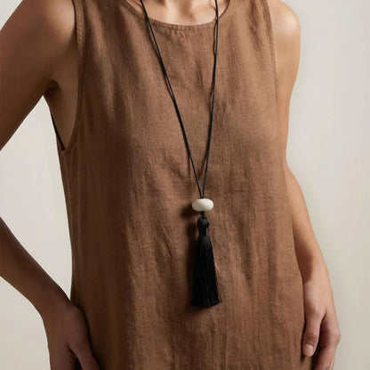Black Tassel Necklace with White Bead | Handmade Jewelry