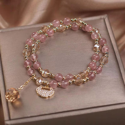 Handmade Brass Bracelet with Rutile Quartz & Pink Chalcedony | 8MM
