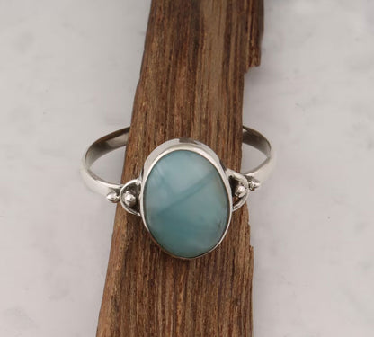 Handmade Sterling Silver Rings 10X12MM Oval Shaped Larimar Gemstone Bezel Setting For Anniversary Gift Women or Men Jewelry For Her