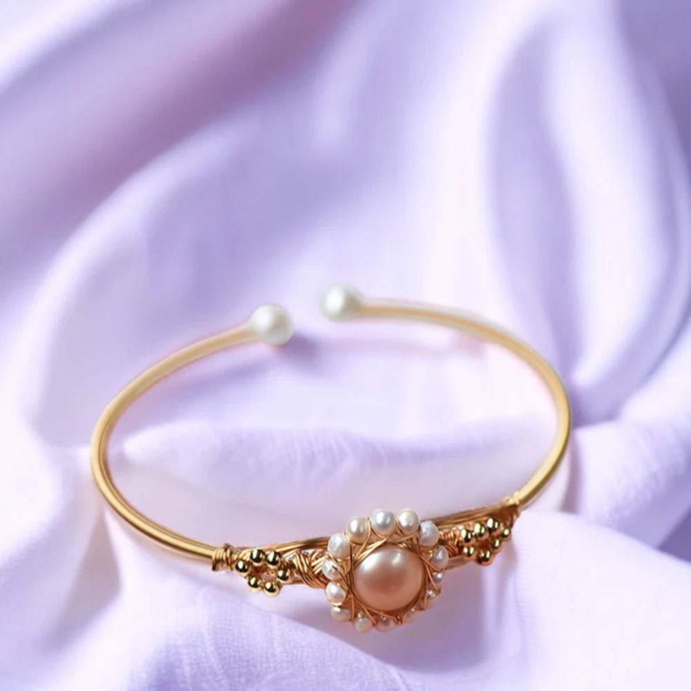 Adjustable Handmade Wire Wrapped Brass Bangle Size 12MM Round Shape Chinese White Pearl Gemstone Bezel Set Bangle For Happy Birthday Gift For Women