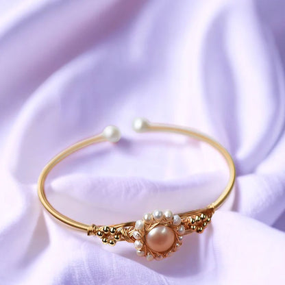 Adjustable Handmade Wire Wrapped Brass Bangle Size 12MM Round Shape Chinese White Pearl Gemstone Bezel Set Bangle For Happy Birthday Gift For Women