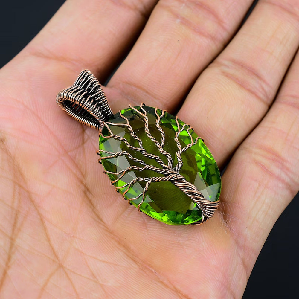Trendy Handmade Copper Bezel With Tree Wire Wrapped Pendant Oval Shape 25To30MM Paridot Quartz Gemstone Pendant For Happy Birthday Gift's