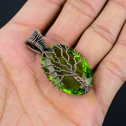 Trendy Handmade Copper Bezel With Tree Wire Wrapped Pendant Oval Shape 25To30MM Paridot Quartz Gemstone Pendant For Happy Birthday Gift's