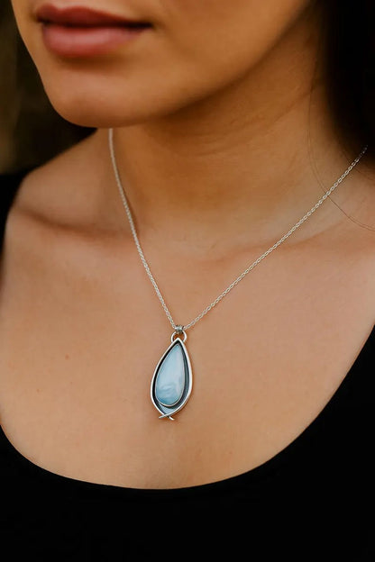 Natural Larimar Gemstone Brass Necklace Pear Shape