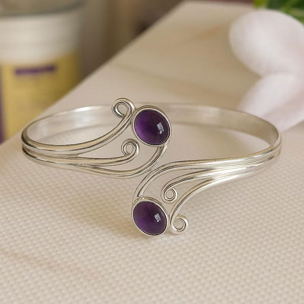 Silver Wave Cuff Bracelet with Blue Moonstone Cabochons