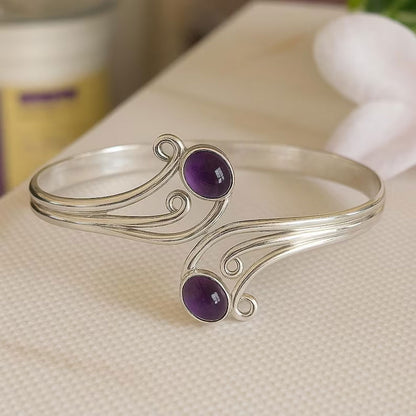 Silver Wave Cuff Bracelet with Blue Moonstone Cabochons