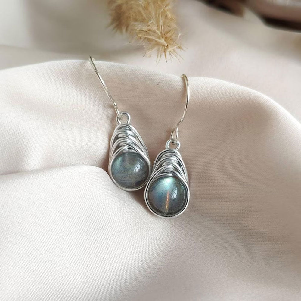 Handmade Metal Wire Wrapped Dangle Pair Earrings Labradorite Gemstone Stone Size 10MM Round Shape Wire Wrapped Setting Earring Foe Women's Gift Jewelry