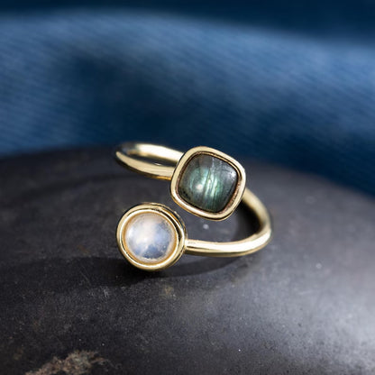 Labradorite or Rainbow Moonstone Gems Round Or Square Shape 8X10MM Approx Rings Handmade Sterling Silver Ring Bezel Set  For Anniversary Gift Women or Men Jewelry For Her
