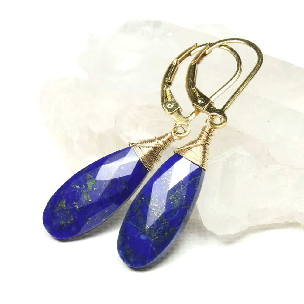Lapis Lazuli Gold Plated Wire Wrapped Drop Earrings | Handmade