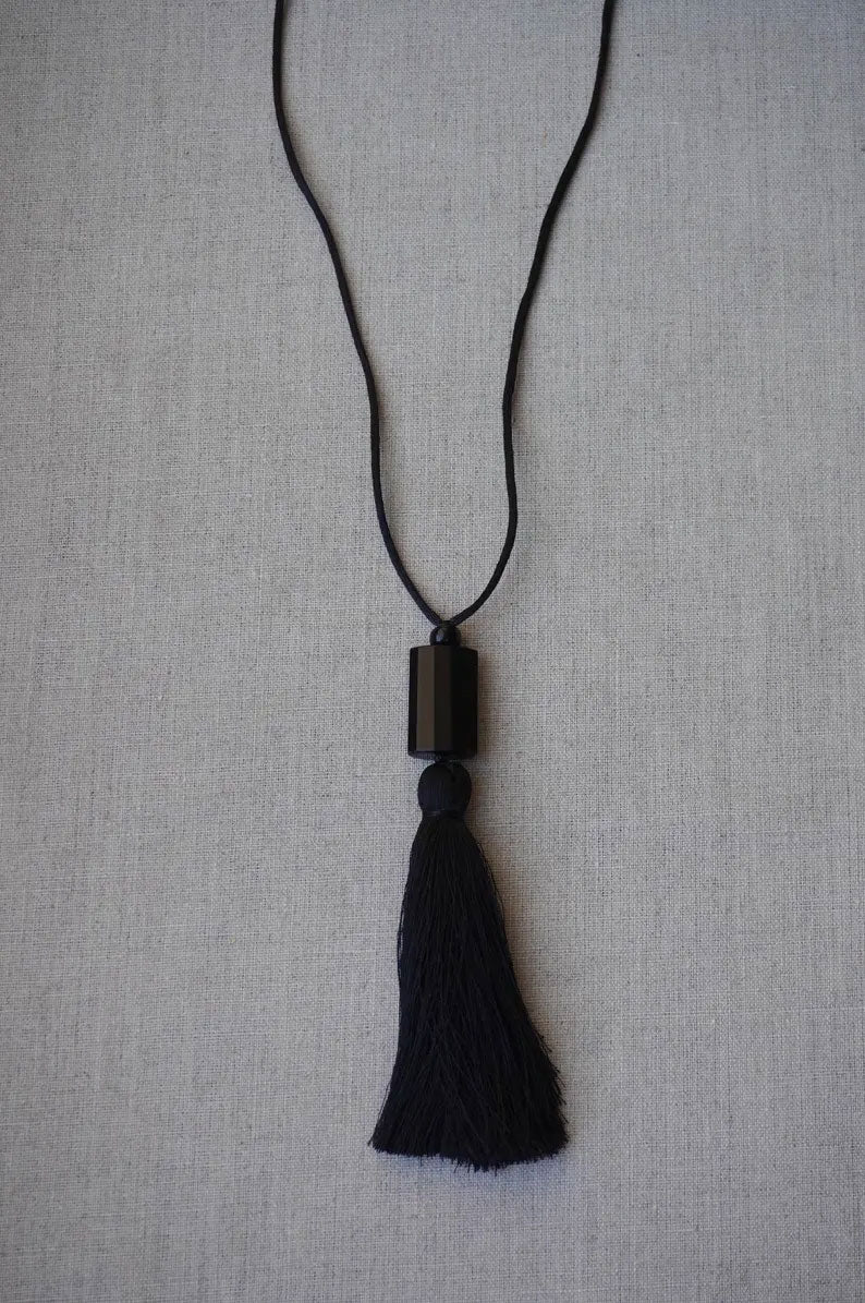 Black Tassel Necklace with Square Bead | Handmade Jewelry