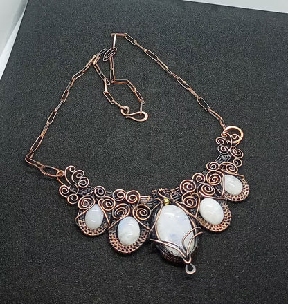 Handmade Wire Wrapped Brass Necklace Stone Size 25To30MM Pear Shape Rainbow Moonstone Bezel Set Necklace For Happy Birthday Gift For Women