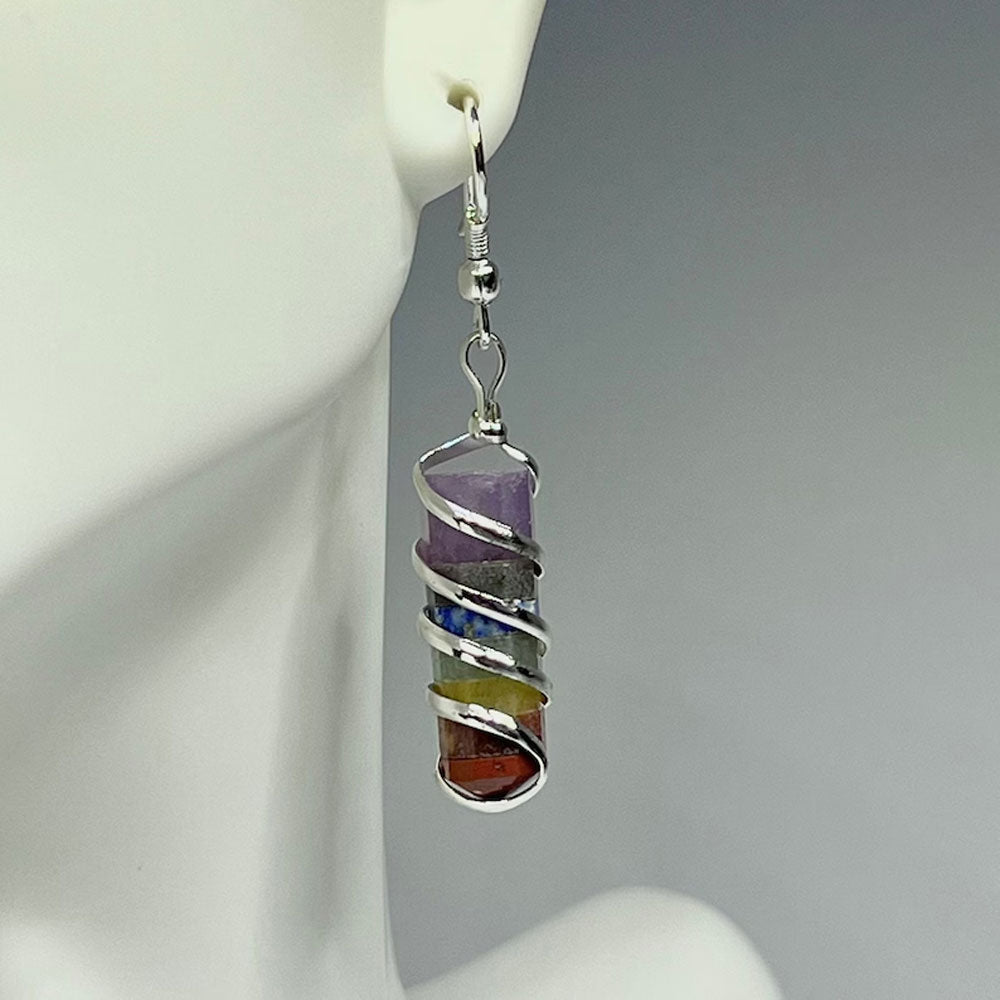 Handmade Metal Wire Wrapped Dangle Pair Earrings Seven Chakra Gemstone Stone Size 15To20MM Pencil Shape Wire Wrapped Setting Earring Foe Women's Gift Jewelry