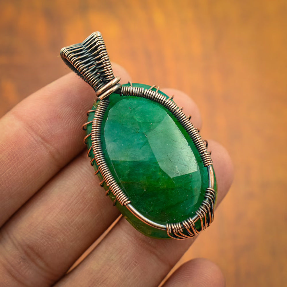 Trendy Handmade Copper Bezel With Tree Wire Wrapped Pendant Oval Shape 25To30MM Emerald Quartz Gemstone Pendant For Happy Birthday Gift's