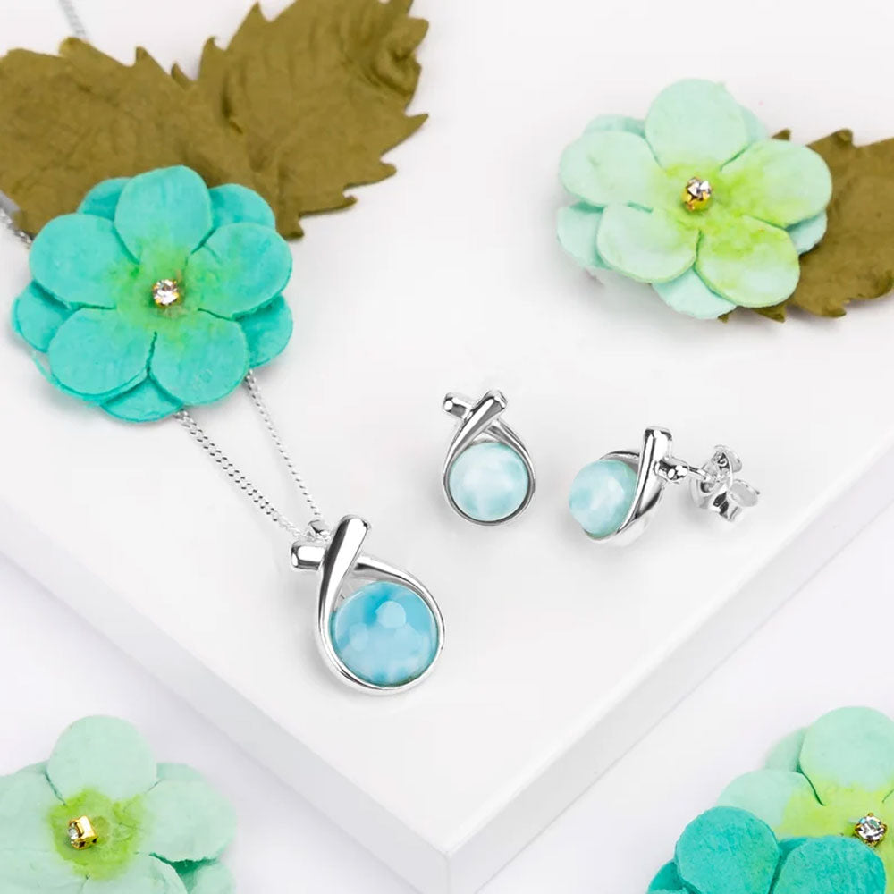 Natural Larimar Gemstone Brass Stud Earrings Handmade