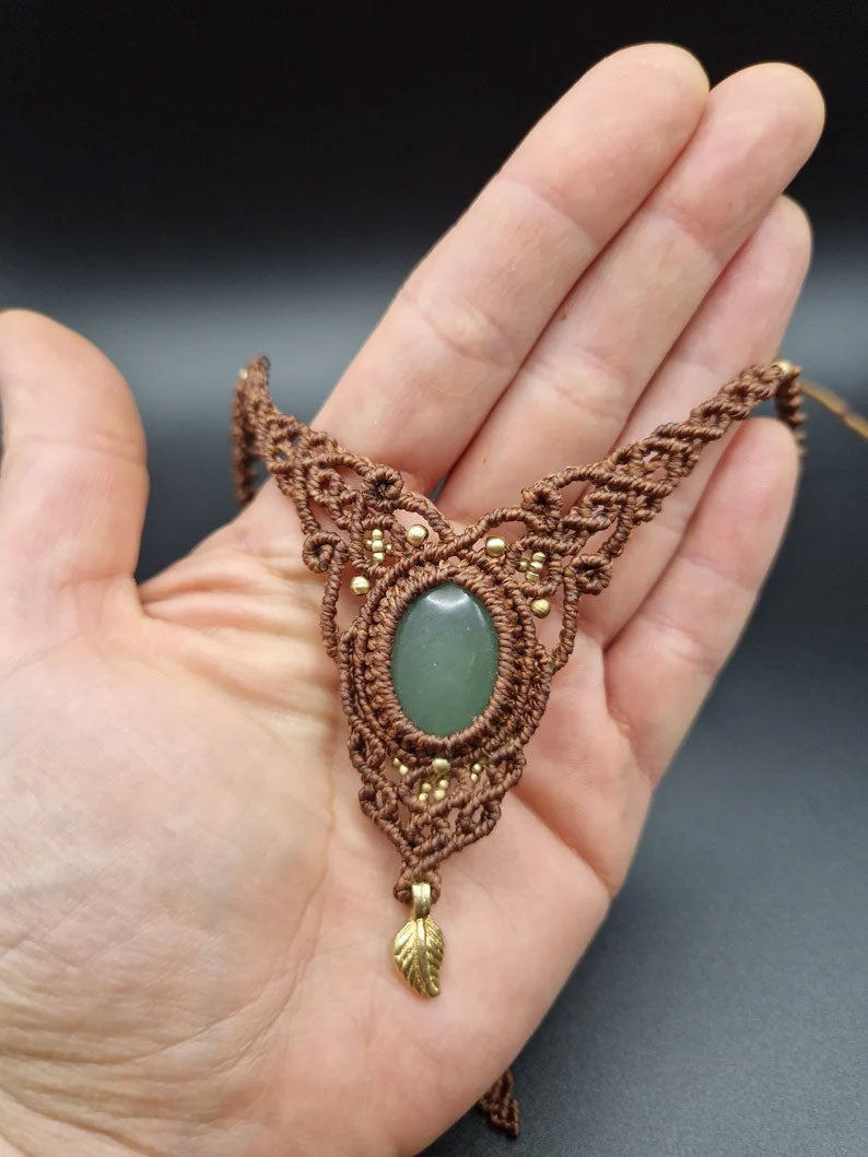 Green Jade Macrame Leaf Necklace | Artisan Hand-Knot Jewelry