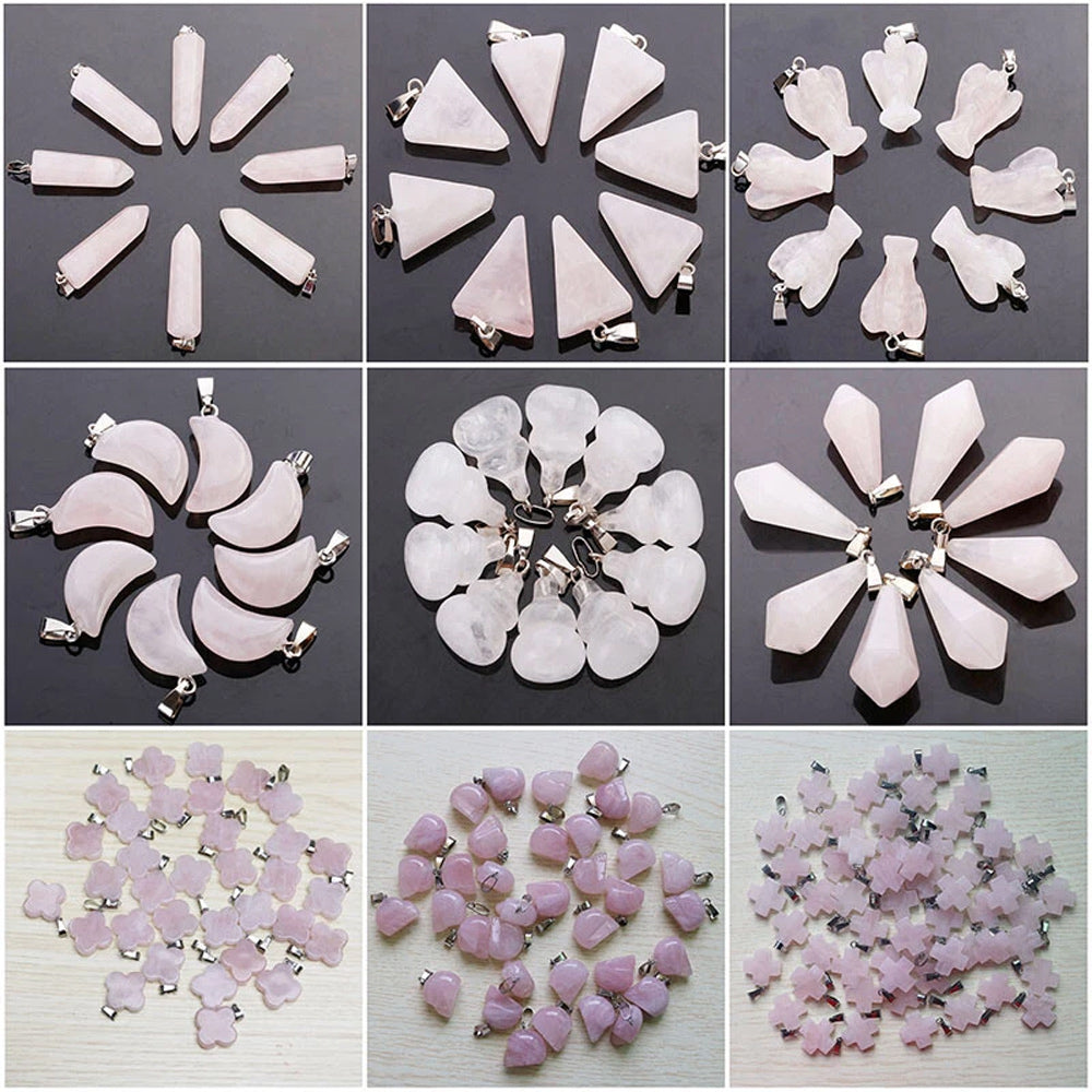 12mm Multiple Shaped Natural Rose Quartz Gemstone Pendant Handmade 925 Sterling Silver Drill Set For Anniversary Gift's Women or Men Jewelry For Her