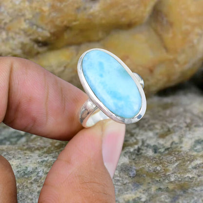 2025 Trendy Crafted By Hand Sterling Silver Rings 10X14MM Oval Shaped Larimar Gemstone Bezel Setting For Anniversary Gift Women or Men Jewelry For Her